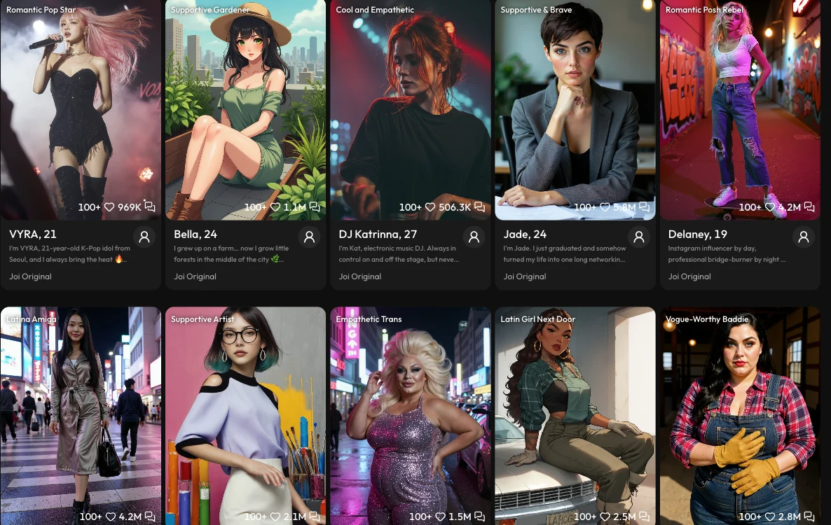 Joi AI character gallery showing diverse AI companion options including varied body types and ethnicities